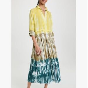 Young Fabulous & Broke Joanie Shirt Dress | Aqua Khaki Yellow Tie Dye | Size M
